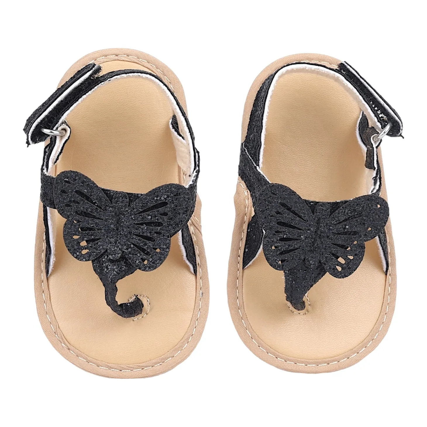 Baby Moo Sequin Butterfly Velcro Straps Anti-Skid Open Toe Sandals - Black