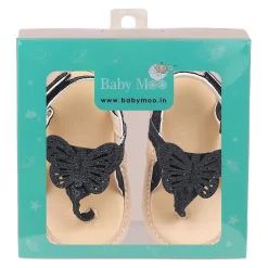 Baby Moo Sequin Butterfly Velcro Straps Anti-Skid Open Toe Sandals - Black