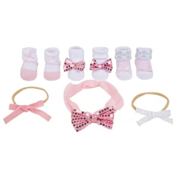 Baby Moo Sequined Infant Girl 6-Piece Gift Hairband And Socks Set - Pink