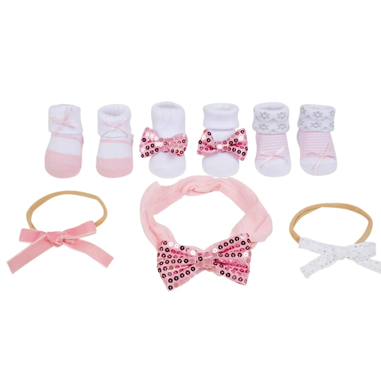 Baby Moo Sequined Infant Girl 6-Piece Gift Hairband And Socks Set - Pink
