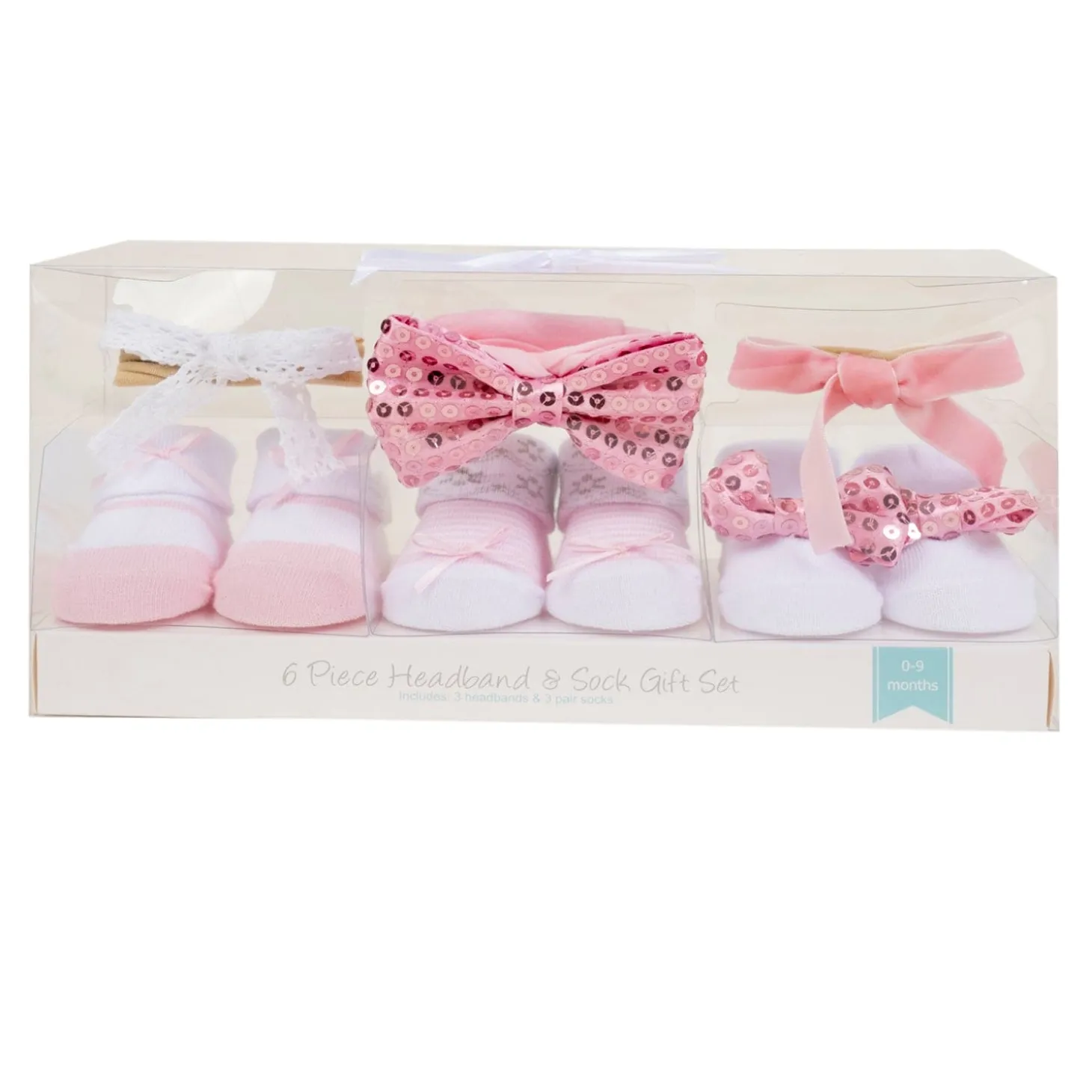 Baby Moo Sequined Infant Girl 6-Piece Gift Hairband And Socks Set - Pink