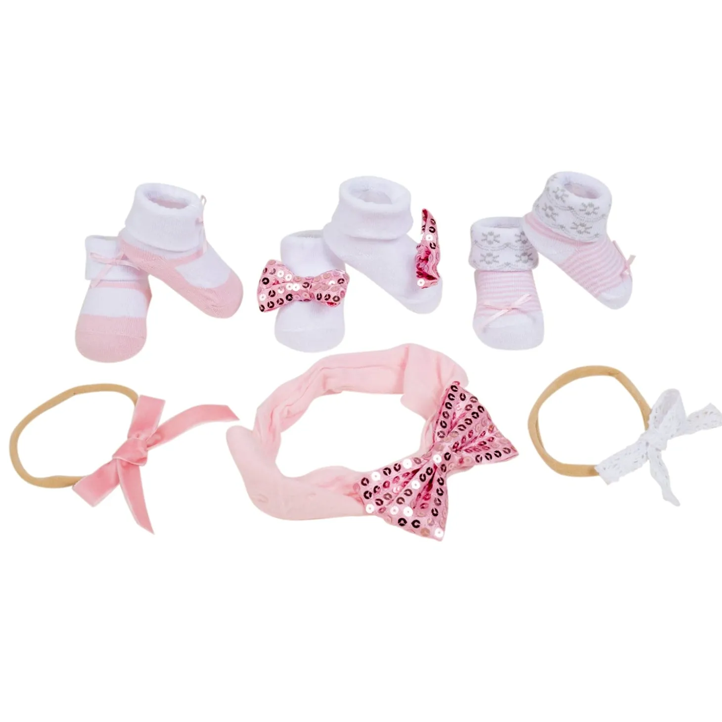 Baby Moo Sequined Infant Girl 6-Piece Gift Hairband And Socks Set - Pink