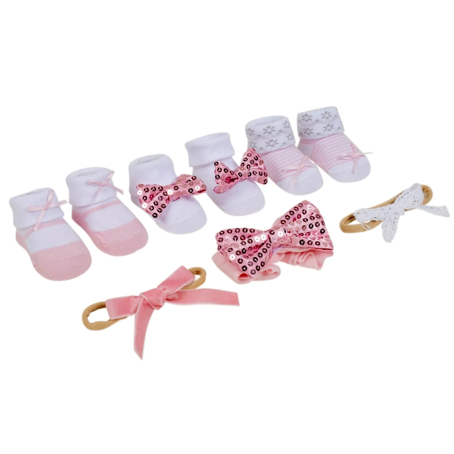 Baby Moo Sequined Infant Girl 6-Piece Gift Hairband And Socks Set - Pink