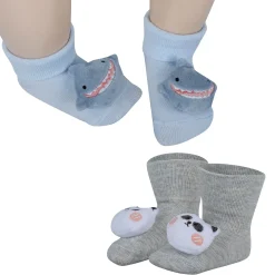 Baby Moo Shark And Panda 3D Rattle Anti-Skid Socks Booties Pack of 2 - Blue, Beige