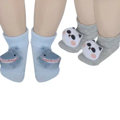 Baby Moo Shark And Panda 3D Rattle Anti-Skid Socks Booties Pack of 2 - Blue, Beige