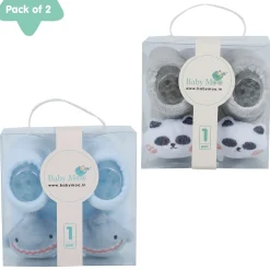 Baby Moo Shark And Panda 3D Rattle Anti-Skid Socks Booties Pack of 2 - Blue, Beige