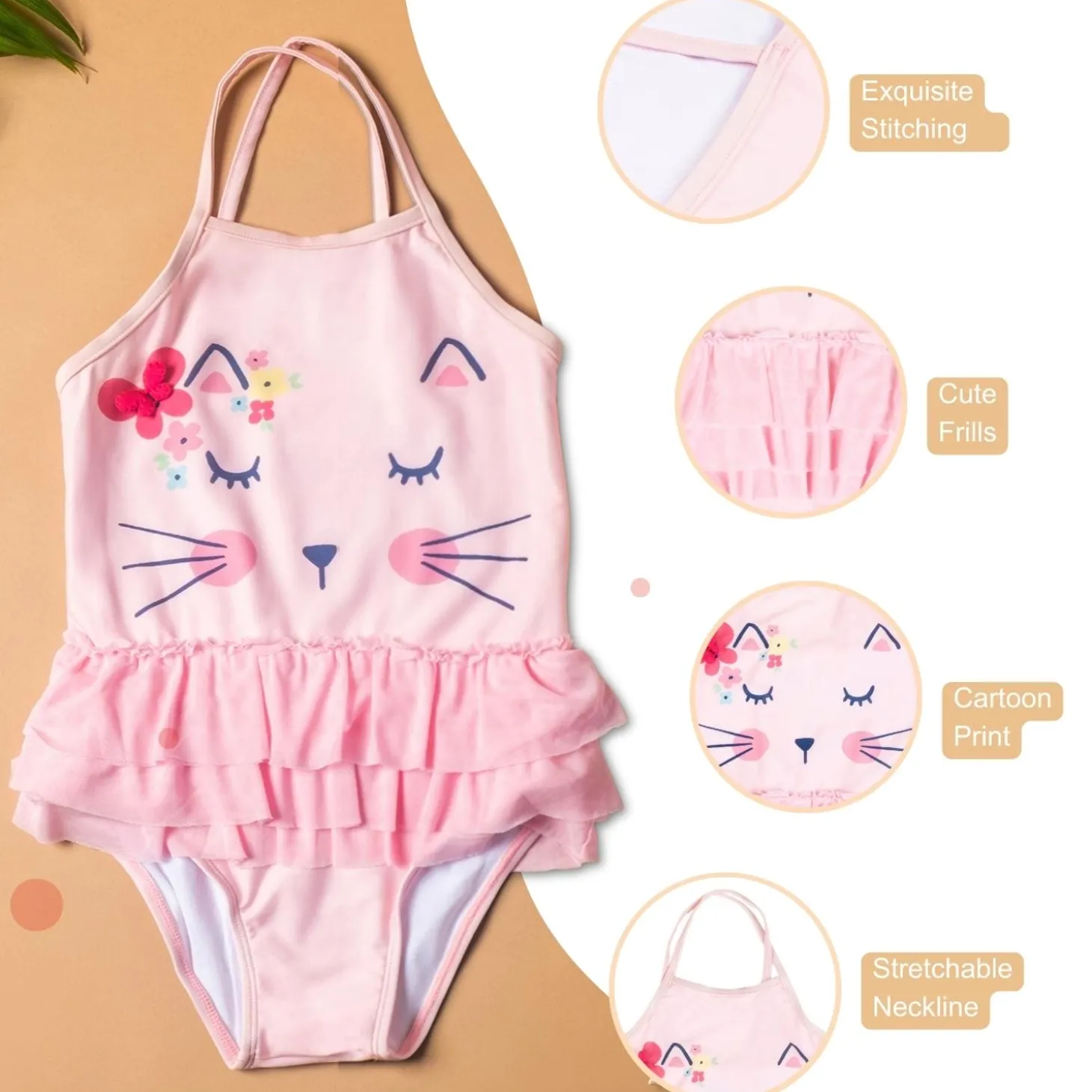 Baby Moo Sleeping Kitty Beach One-Piece Swimsuit Pool Swimming Costume - Pink