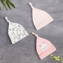Baby Moo Sleepy Bunny Knotted Infants Ultra Soft 100% Cotton All Season Pack of 3 Caps - Pink