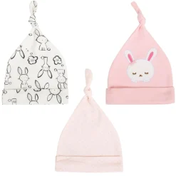 Baby Moo Sleepy Bunny Knotted Infants Ultra Soft 100% Cotton All Season Pack of 3 Caps - Pink