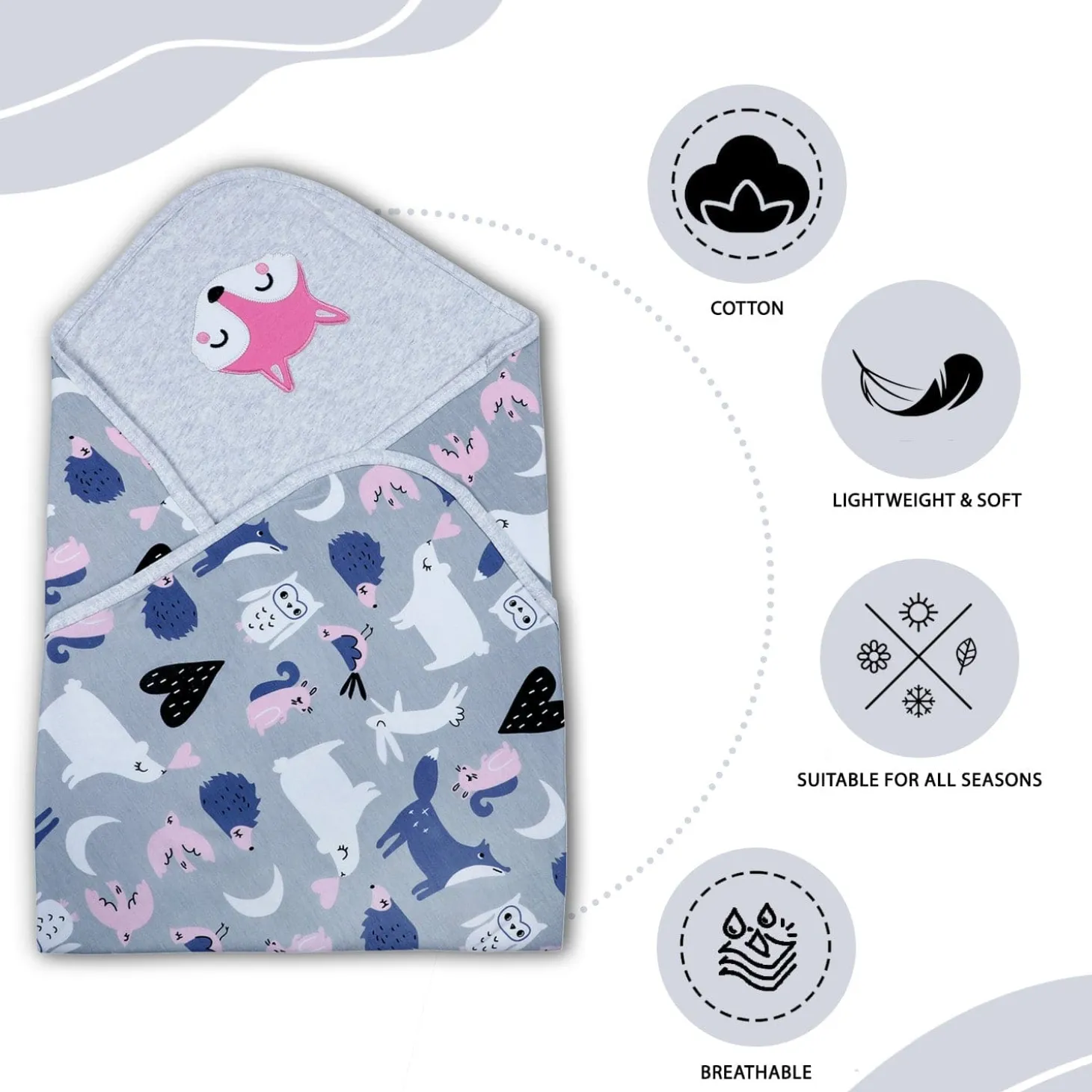 Baby Moo Sleepy Fox Soft Reversible Wrapper - Grey