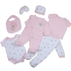 Baby Moo Sleepy Teddy Cotton Infant Essentials 8 pcs Romper Gift Set - Pink