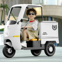 Baby Moo Smart Ride on 3-Wheeler Electric Van - 12V Rechargeable Battery-Powered Transport Vehicle with Music & Lights - White