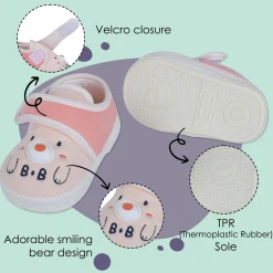 Baby Moo Smiling Bear Soft Sole Anti-Slip Booties - Peach