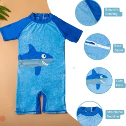 Baby Moo Smiling Shark Beach Bodysuit One-Piece Swimsuit Pool Swimming Costume - Blue
