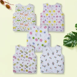 Baby Moo Smiling Stars Printed V-Neck Sleeveless Front Opening Button Cotton Jhablas 5 Pcs - Yellow, Multicolour
