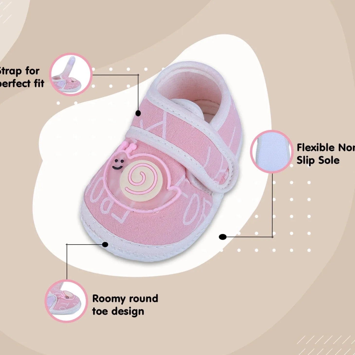 Baby Moo Snail Applique Velcro Strap Non-slip Kids Booties - Pink