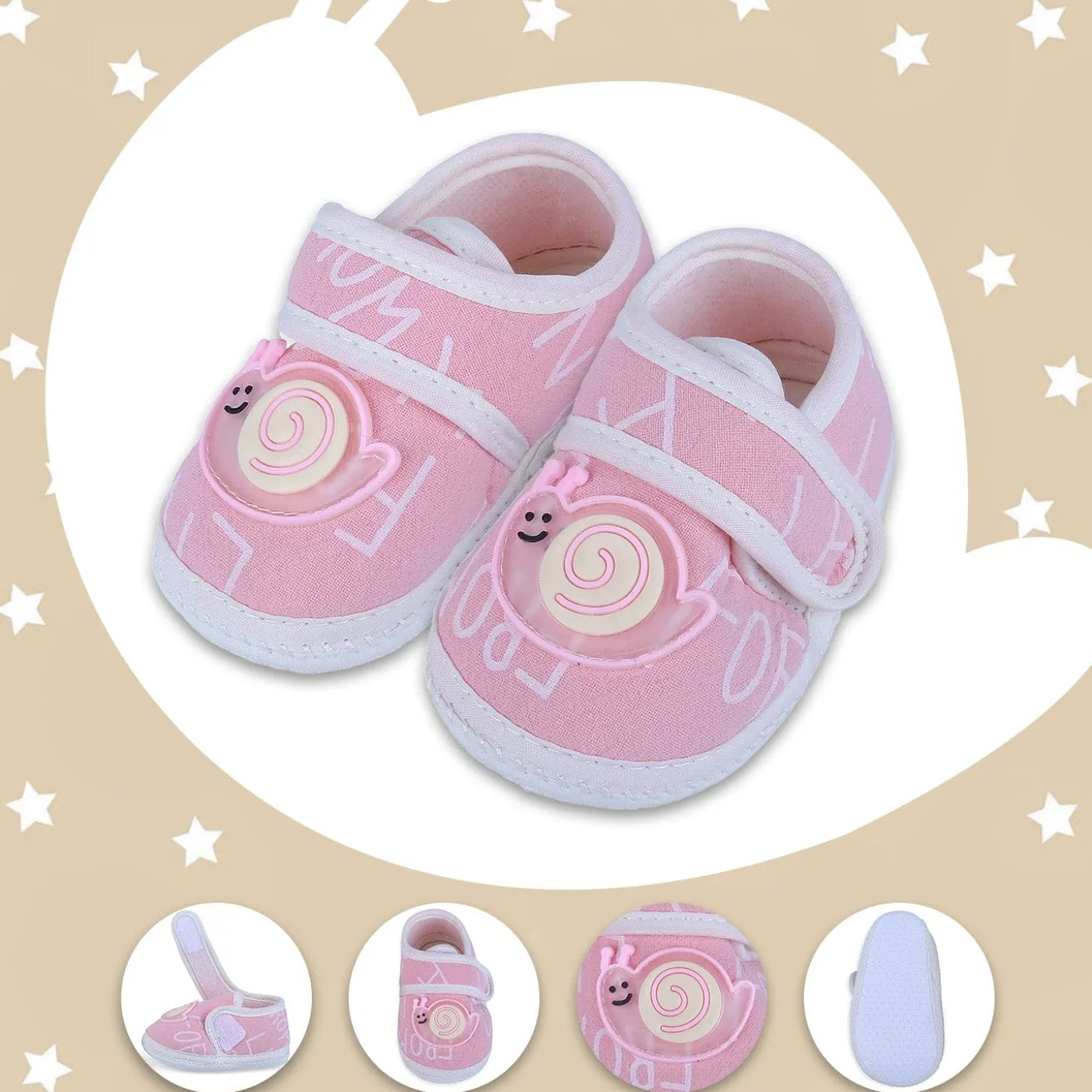 Baby Moo Snail Applique Velcro Strap Non-slip Kids Booties - Pink
