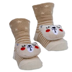 Baby Moo Snoozing Bear Cotton Anti-Skid 3D Socks - Beige