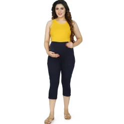 Baby Moo Soft And Comfy Mid-Calf Length Maternity Pant Solid - Navy Blue