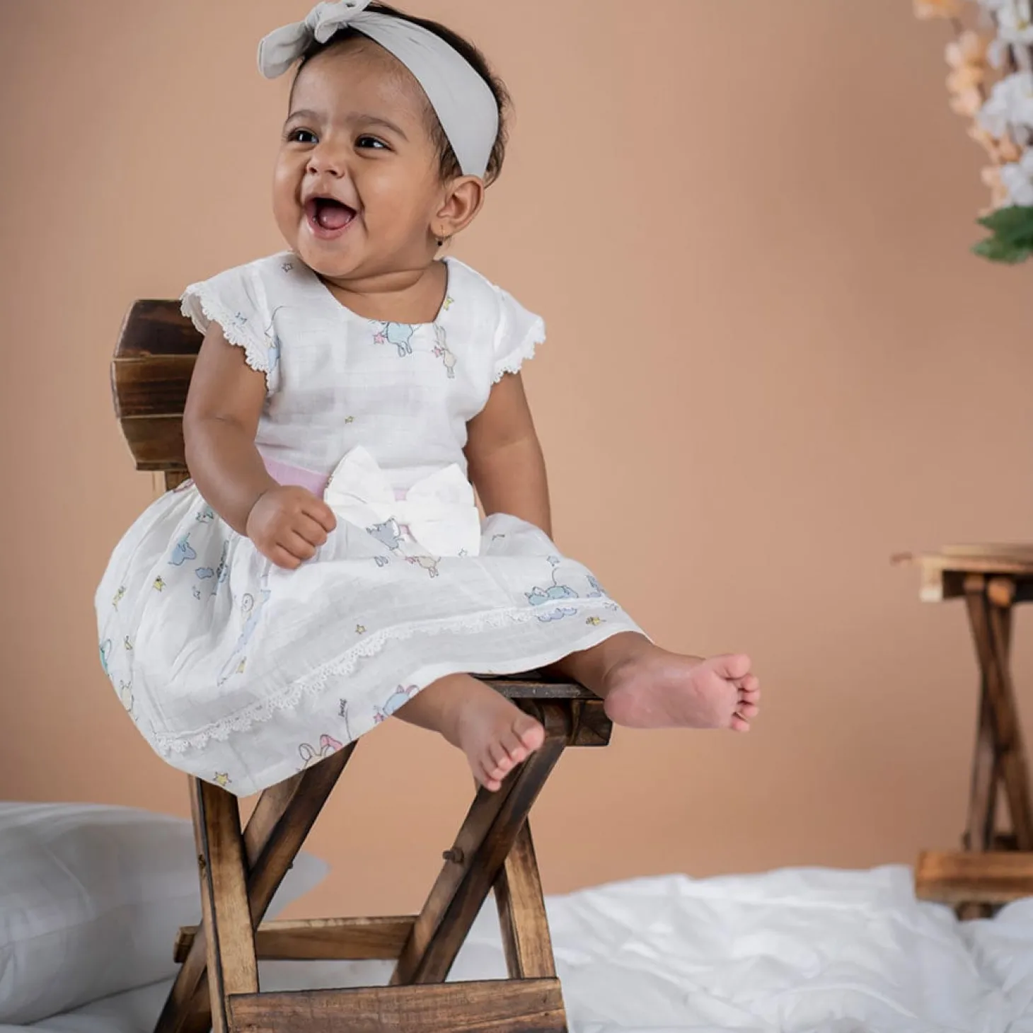 Baby Moo Soft In Cloud Bow With Short Sleeves Muslin Dress - Pink