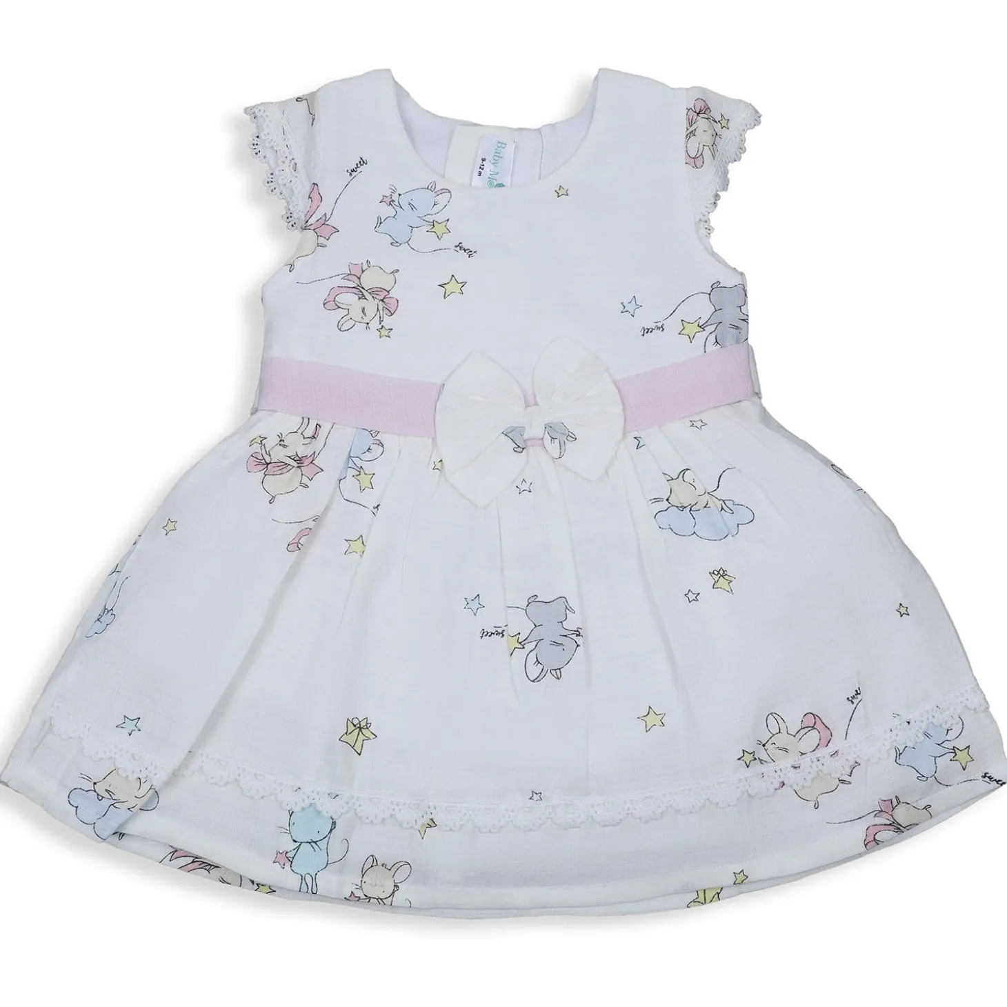 Baby Moo Soft In Cloud Bow With Short Sleeves Muslin Dress - Pink