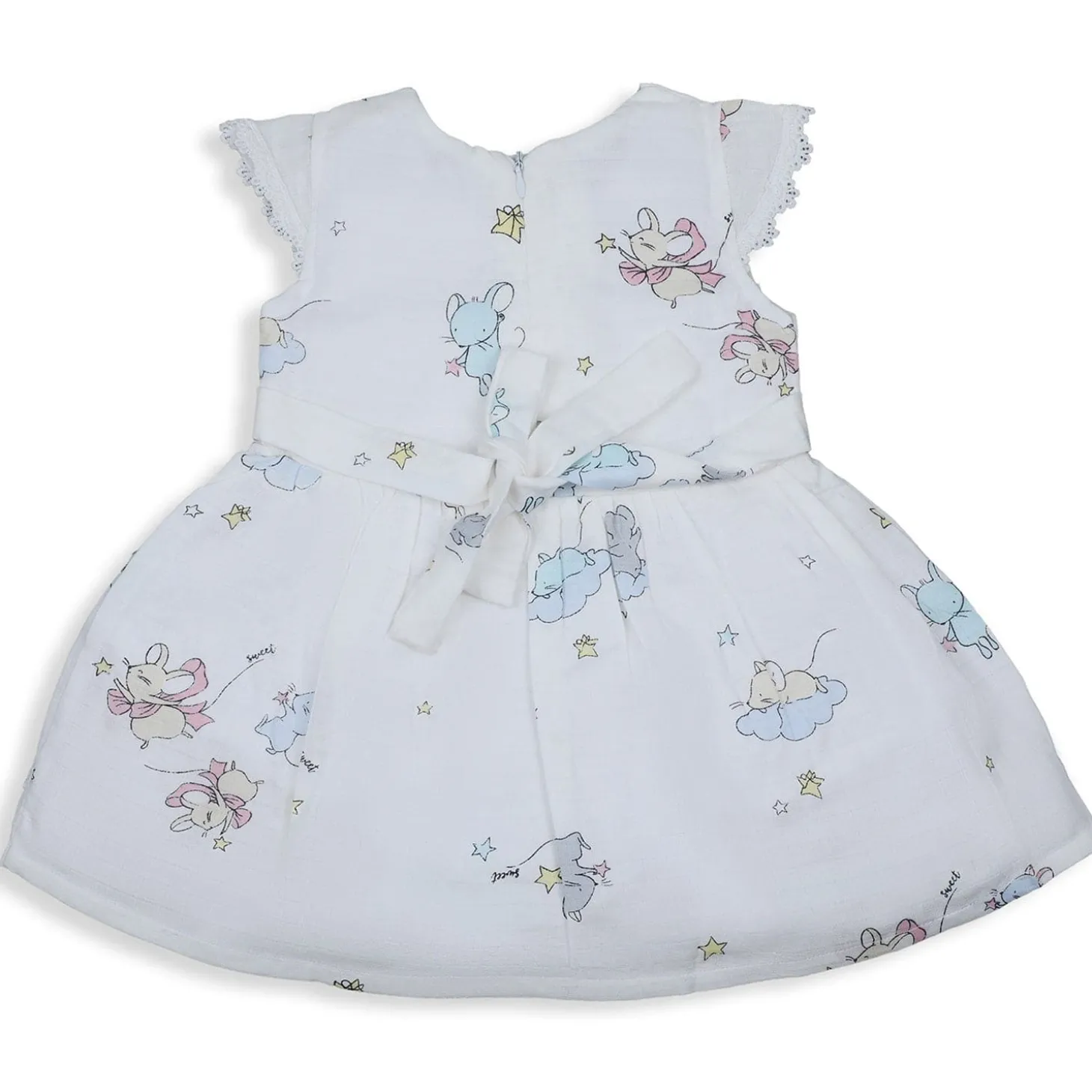 Baby Moo Soft In Cloud Bow With Short Sleeves Muslin Dress - Pink