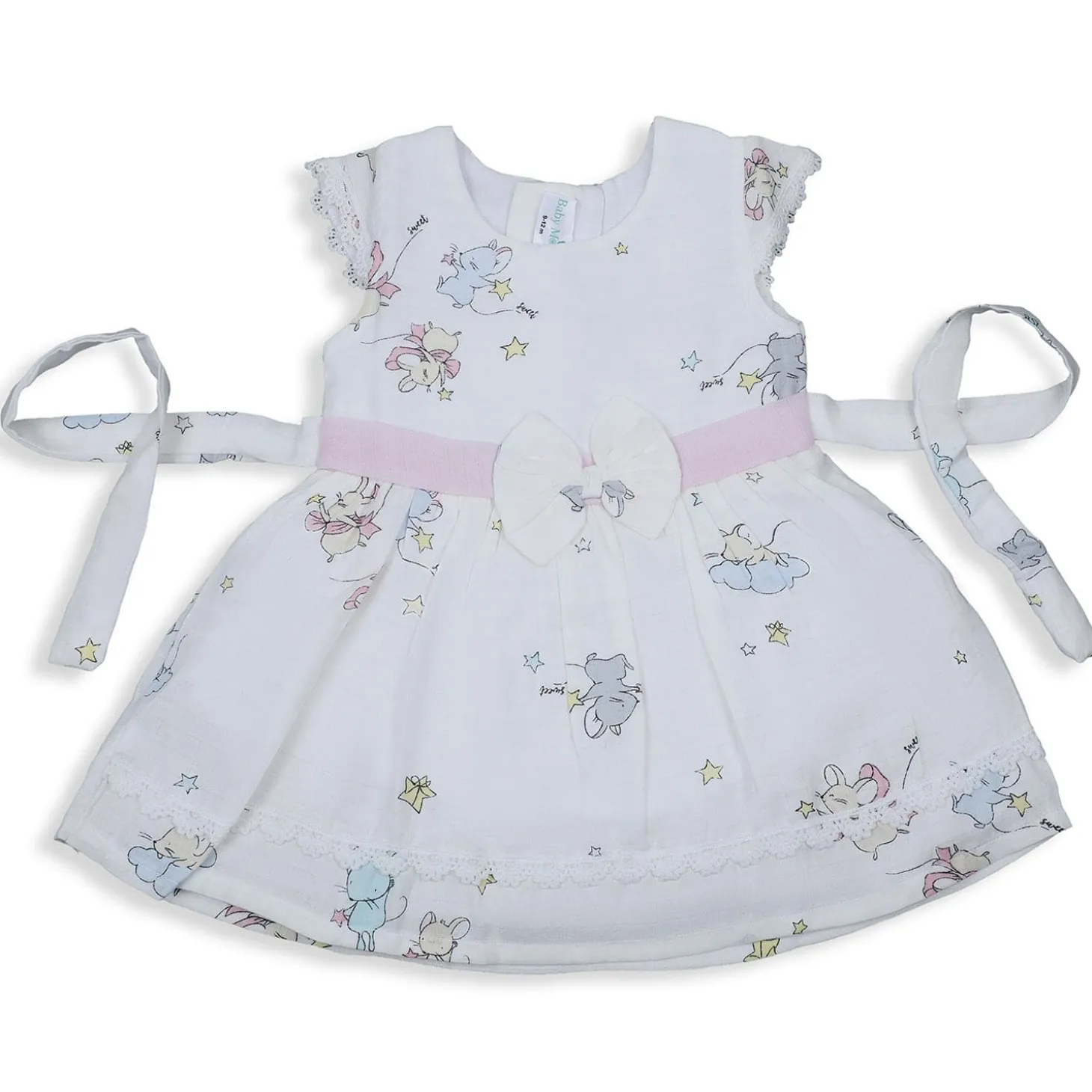 Baby Moo Soft In Cloud Bow With Short Sleeves Muslin Dress - Pink