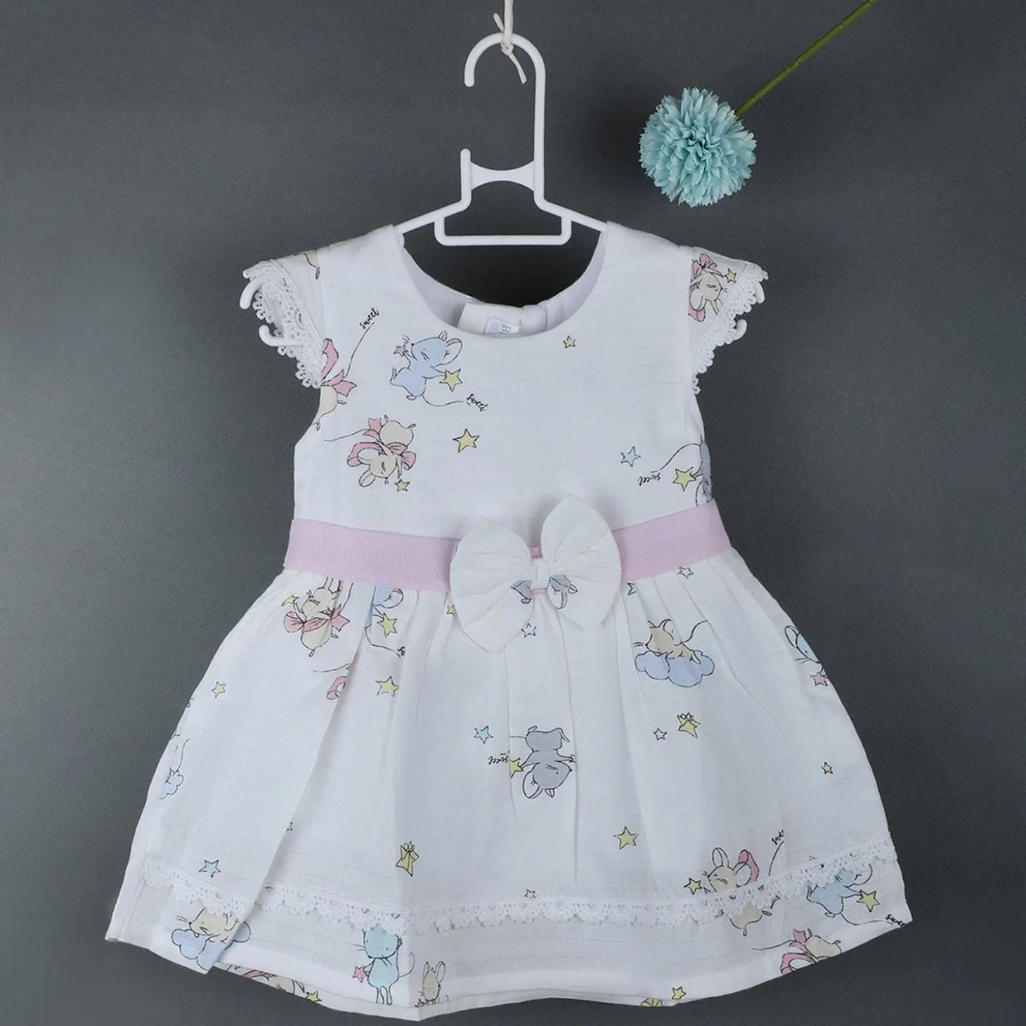 Baby Moo Soft In Cloud Bow With Short Sleeves Muslin Dress - Pink