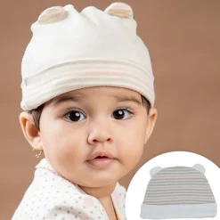 Baby Moo Solid And Striped Organic Soft Cotton Pack of 2 Caps - Beige