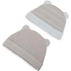 Baby Moo Solid And Striped Organic Soft Cotton Pack of 2 Caps - Beige