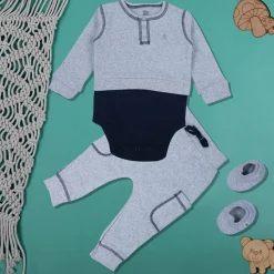 Baby Moo Solid Stretchable Jogger with Full Sleeve Onesie And Booties Gift Set - Grey