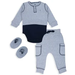 Baby Moo Solid Stretchable Jogger with Full Sleeve Onesie And Booties Gift Set - Grey