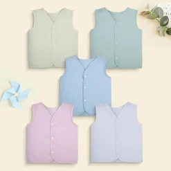 Baby Moo Solid V-Neck Sleeveless Front Opening Button Cotton Jhablas 5 Pcs - Blue, Multicolour