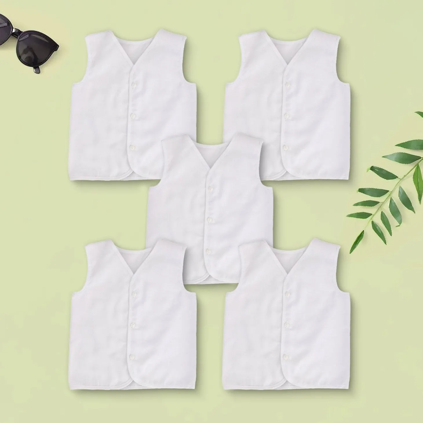 Baby Moo Solid V-Neck Sleeveless Front Opening Button Cotton Jhablas 5 Pcs - White