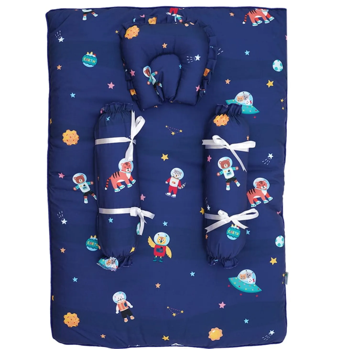 Baby Moo Space Bedding Gift Set 2 Bolsters, U Pillow, Mattress And Quilt Set - Blue