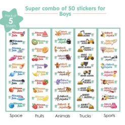 Baby Moo Space, Fruits, Animals, Truck, Sports Personalised Name Self Adhesive Transparent Embossed Stickers, 3D Labels 50 Pcs Stationery Set for Children - Multicolour