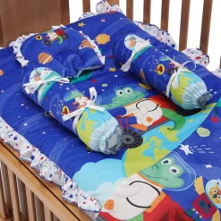 Baby Moo Space Soft Velvet U Pillow, Side Bolsters 5 Pcs Mattress And Blanket Set - Blue