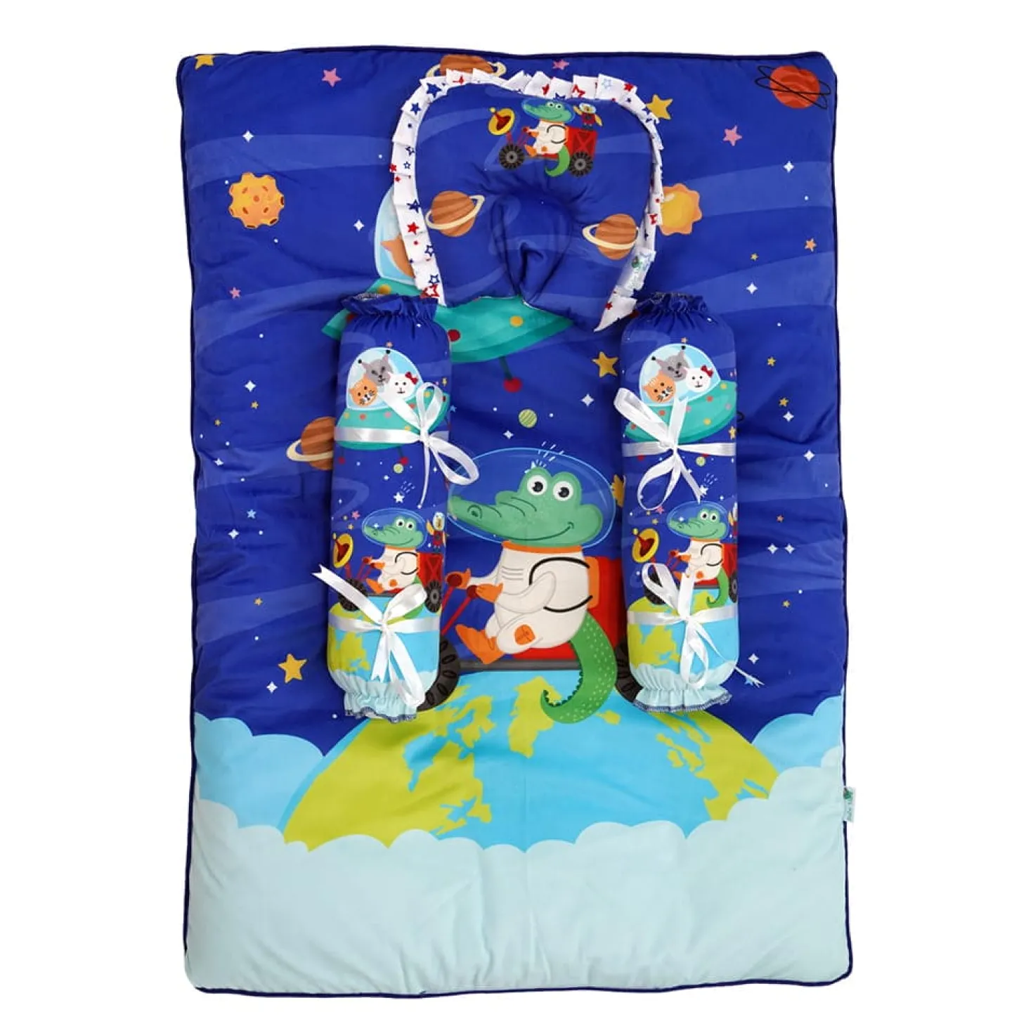 Baby Moo Space Soft Velvet U Pillow, 2 Side Bolsters Mattress Set - Blue