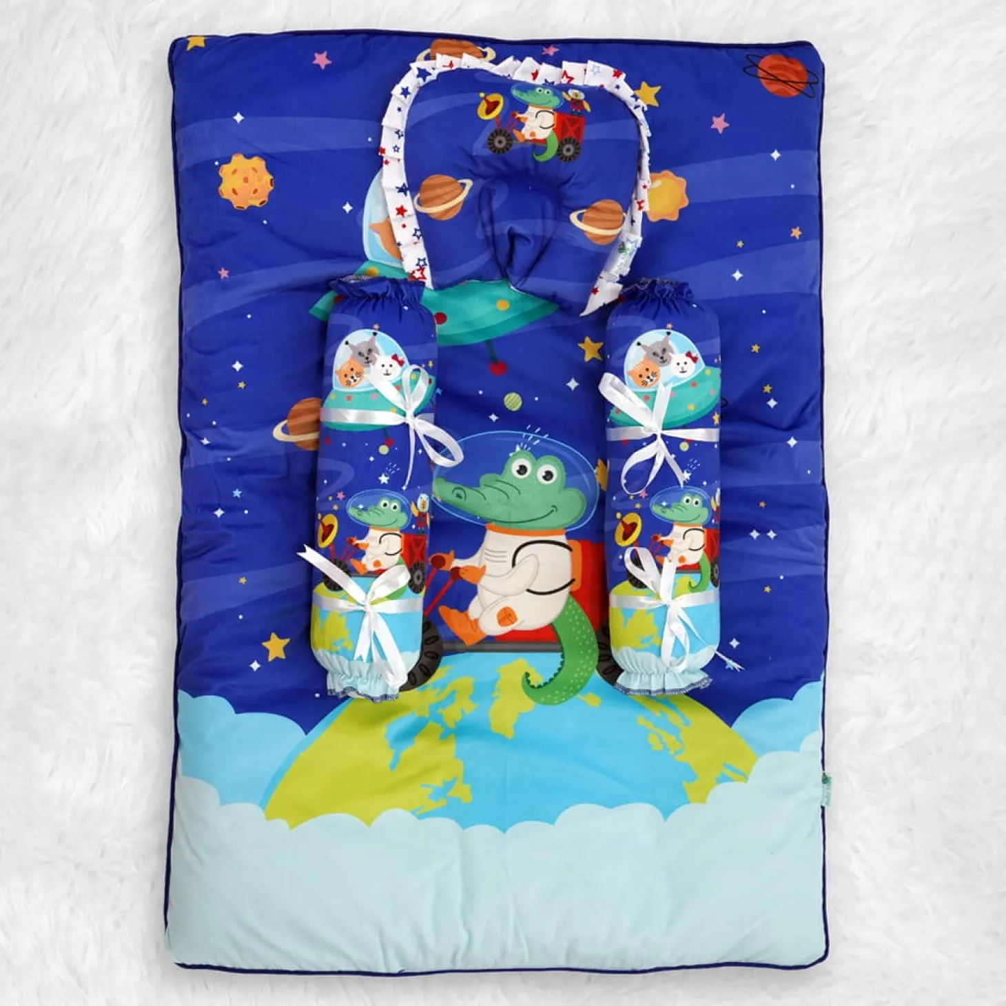 Baby Moo Space Soft Velvet U Pillow, 2 Side Bolsters Mattress Set - Blue