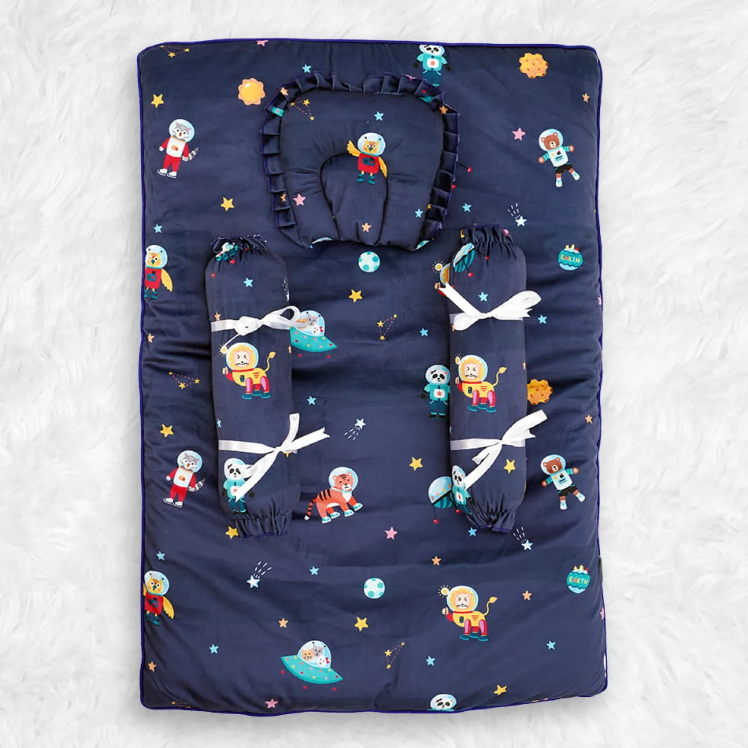 Baby Moo Space Soft Velvet U Pillow, 2 Side Bolsters Mattress Set - Blue