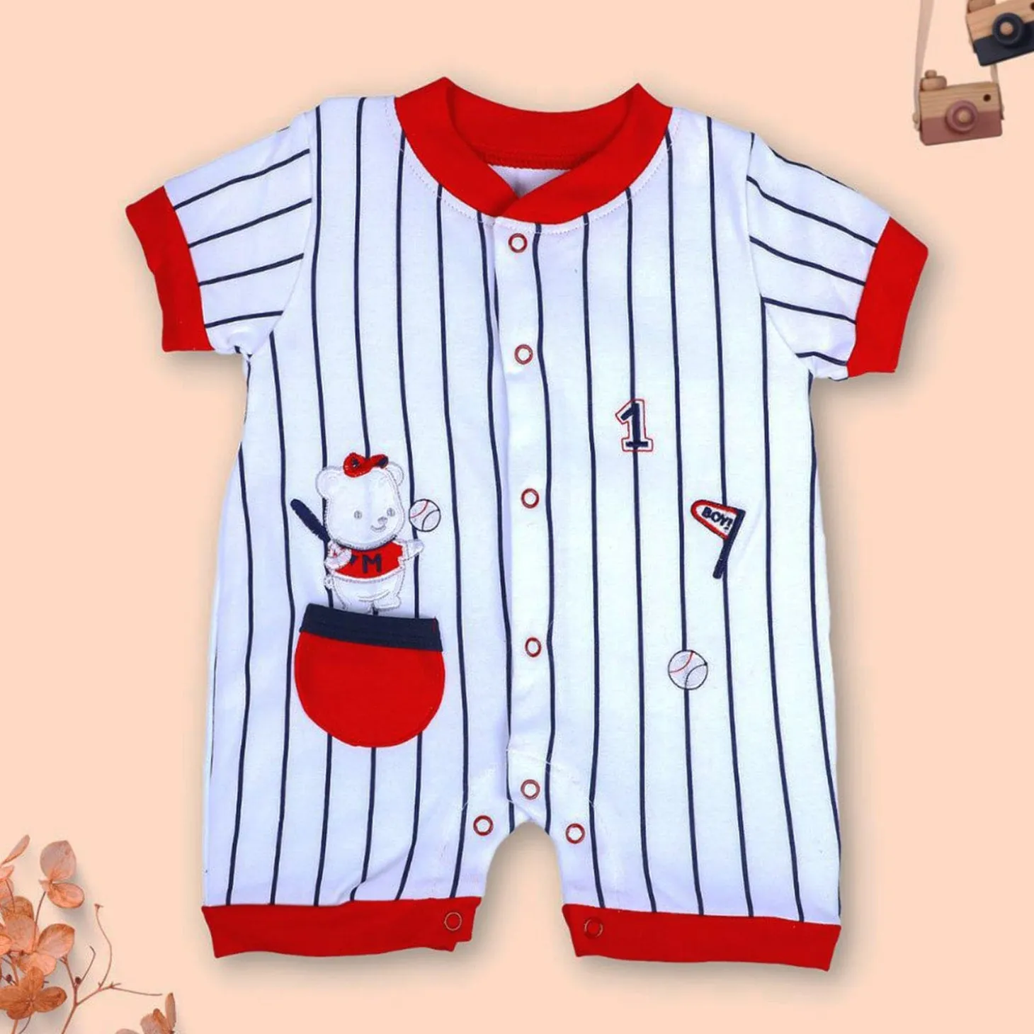 Baby Moo Sporty Teddy Striped Soft Cotton Short Romper - Red