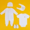 Baby Moo Star Love Gift Set 5 Piece With Bodysuits, Bib, Cap, Mittiens - White