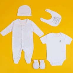 Baby Moo Star Love Gift Set 5 Piece With Bodysuits, Bib, Cap, Mittiens - White