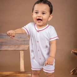 Baby Moo Star Teddy Embroidered Soft Cotton Short Romper - White