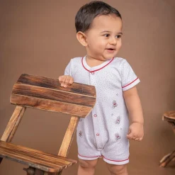 Baby Moo Star Teddy Embroidered Soft Cotton Short Romper - White
