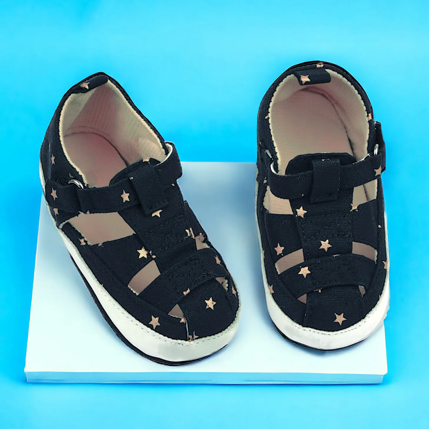 Baby Moo Starry Stylish Anti-Slip Velcro Hook-Loop Sandals - Black
