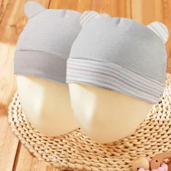 Baby Moo Striped And Plain Organic Soft Cotton Pack of 2 Caps - Grey