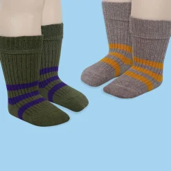Baby Moo Striped Anti-Skid Socks Pack of 2 - Green, Grey