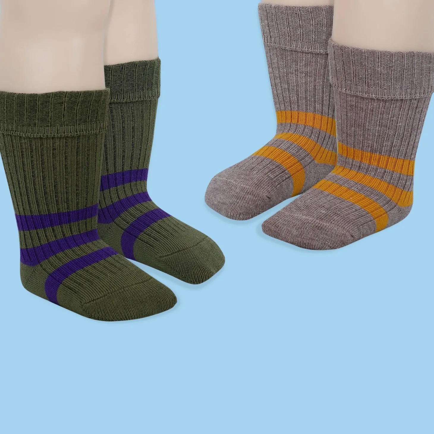 Baby Moo Striped Anti-Skid Socks Pack of 2 - Green, Grey