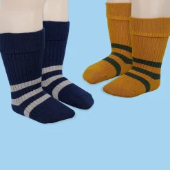 Baby Moo Striped Anti-Skid Socks Pack of 2 - Mustard, Blue